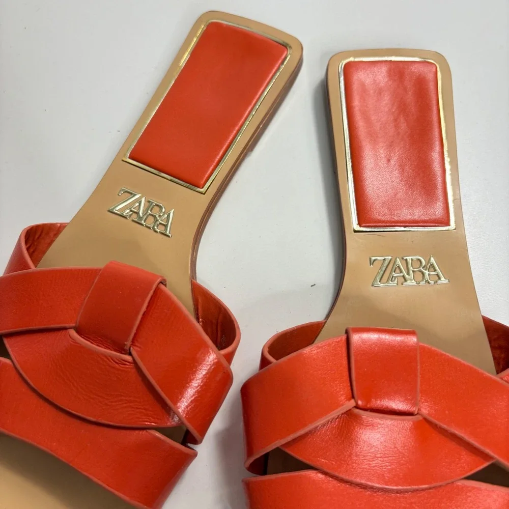 Zara Women Orange Red Interwoven Leather Flat Slide Sandals Square Toe Size 38